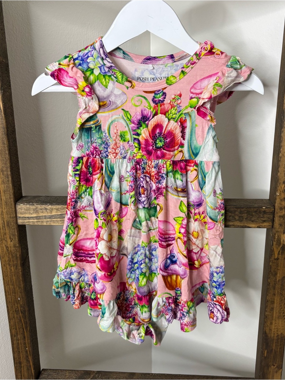 Posh Peanut Pink Floral Ruffle Sleeve Baby Dress Size 18-24M